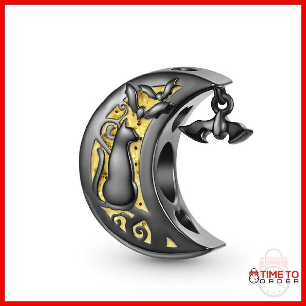 Sterling Silver Halloween Cat Moon Charm for Bracelet Necklace Gift